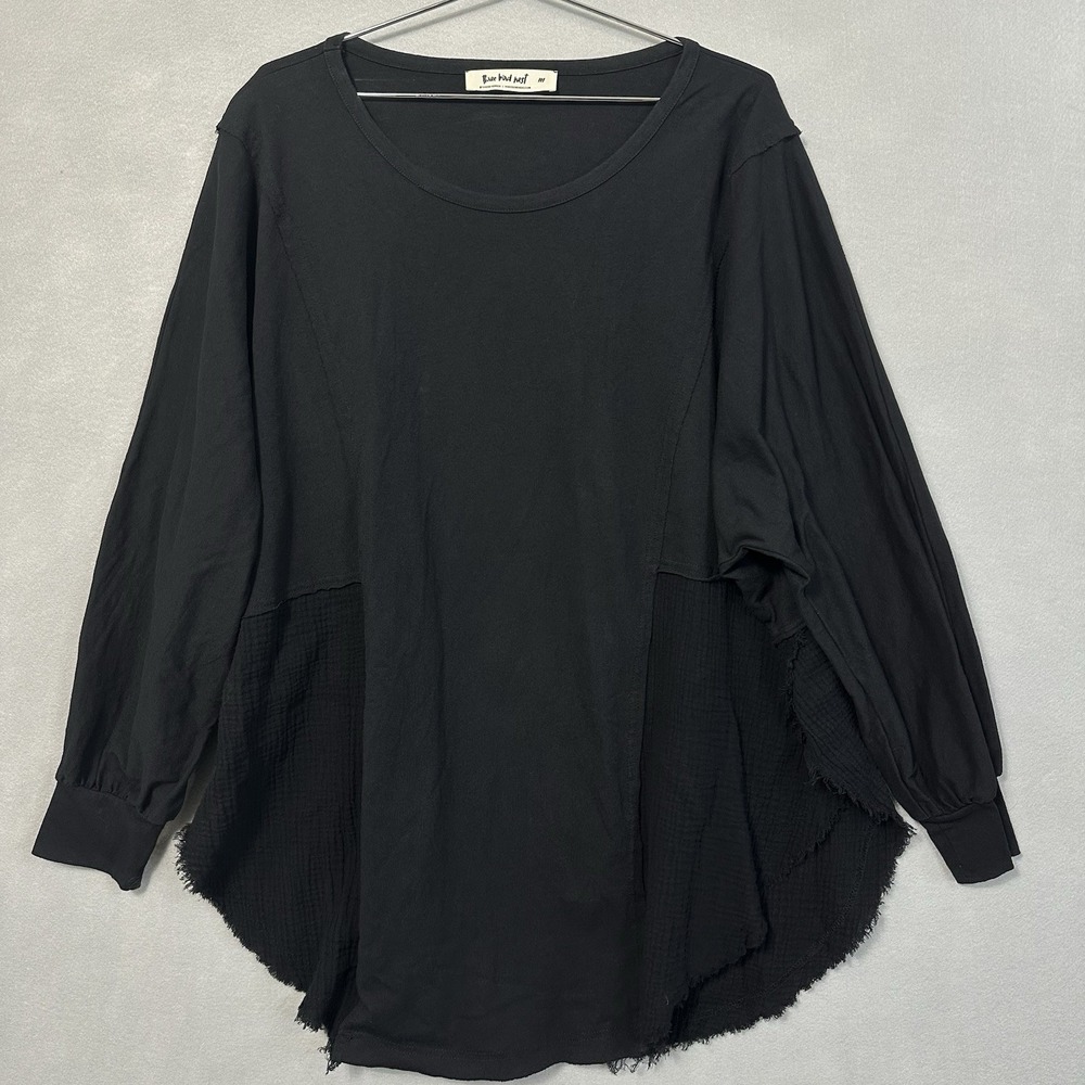 Three Bird Nest Oversized Top Long Sleeve Knit Gauzy Side Vents Black Women's M